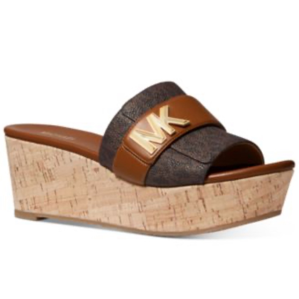 Michael Kors Jilly New Platform Slide Sandals 8.5 brown monogram
